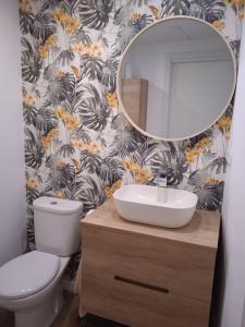 a bathroom with a toilet and a sink and a mirror at LR IFEMA MADRID in Madrid