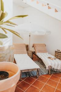ein Zimmer mit zwei Bänken und einer Topfpflanze in der Unterkunft casademeli ¡Garden and 5 min walk to the beach! in Las Playitas