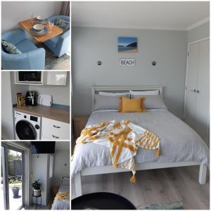 a collage of pictures of a bedroom with a bed at Seascape Hideaway Pohara in Pohara