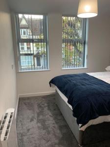 Un dormitorio con una cama y dos ventanas. en 4. Immaculate 2 Bedroom Flat, en Birmingham