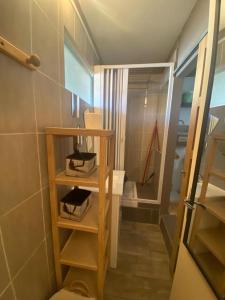 ein kleines Bad mit einer Dusche und einem Regal in der Unterkunft Résidence le Schuss Studio Montagne en bas des pistes in Vars