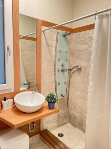 a bathroom with a sink and a shower at Apartamento en Bilbao (La Merced, Pleno centro) in Bilbao