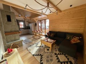 a living room with a couch and a fireplace at Maison de Pieniny in Jaworki