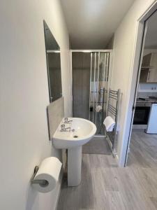 a white bathroom with a sink and a toilet at 5. Homely Cecil Apartments in Birmingham