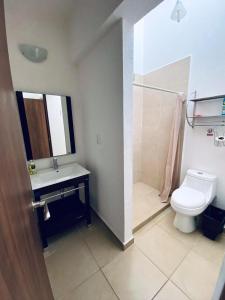 a bathroom with a toilet and a sink and a shower at Residencial Bali Casa Mariposa in Playa del Carmen