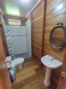 a bathroom with a toilet and a sink and a mirror at Quirquincho House in Puerto Maldonado