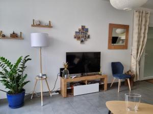 uma sala de estar com uma televisão de ecrã plano sobre uma mesa em L’EFFERVESCENT em Reims