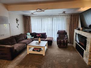 een woonkamer met een bruine bank en een tv bij Modern 3 bedroom house with a private pool in Popeşti-Leordeni