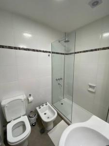 y baño con aseo, ducha y lavamanos. en Departamento Villa Mercedes San Luis FUCO 2 en Villa Mercedes