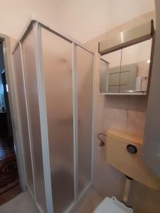 a shower with a glass door in a bathroom at Casa da Tia Lena in Coimbra