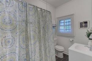 a bathroom with a shower curtain and a toilet at Stunning Memphis Neighborhood Guest House in Memphis +25 photos