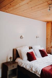 a bedroom with two beds with red and white pillows at Kern in Seytroux