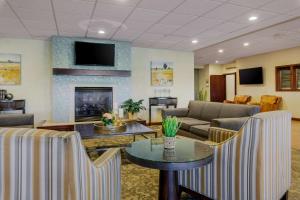 Best Western Plus Dubuque Hotel and Conference Center في دوبوك: غرفة معيشة مع أريكة ومدفأة