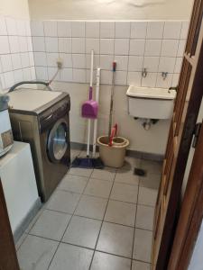 y baño con lavadora y lavamanos. en Departamento en complejo residencial en Mendoza
