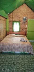 a bedroom with a large bed in a green room at Lorenza's Cottage 1 in Buruanga