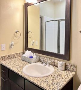 a bathroom with a sink and a mirror at Luxury Suite in the heart of Dallas, a Home away from Home! in Richardson