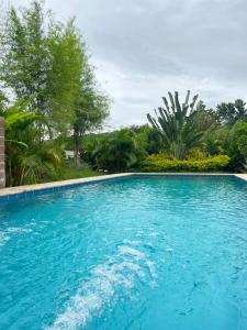 een groot blauw zwembad met bomen op de achtergrond bij Concordias Country Resort- Villa Johanna in Lila