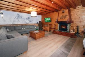 - un salon avec un canapé et une cheminée dans l'établissement 2AlpesChalets - Chalet Marie 1 - Standing et Sauna aux pieds des pistes, à Les Deux Alpes