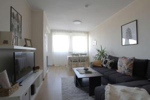 a living room with a couch and a tv at SuperB apartment with incredible view at the best location in Veszprém