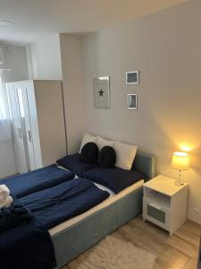 a bedroom with a large bed with blue sheets at Városi Idill in Veszprém +52 photos
