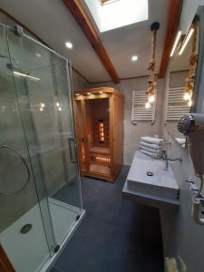 bagno con doccia in vetro e lavandino di Willa Rosa-apartamenty z prywatną sauną a Szklarska Poręba