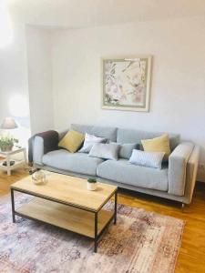 ein Wohnzimmer mit einem blauen Sofa und einem Couchtisch in der Unterkunft Avenida Apartamento in Oviedo