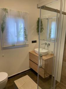 łazienka z toaletą, umywalką i prysznicem w obiekcie El Sentimiento Don Javier Apartment w mieście Torrox
