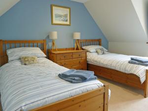 two twin beds in a bedroom with blue walls at Easter Lettoch in Advie