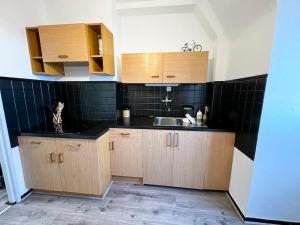 a kitchen with wooden cabinets and a sink at Aux Toits d'Alsace in Sélestat