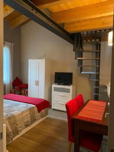 a bedroom with a bed and a desk and a television at B&B Cascina Sagrestia in Asola
