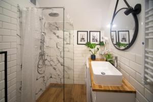 a bathroom with a sink and a shower at Dluga 66 Attic in Gdańsk