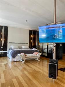 een slaapkamer met een bed en een grote tv bij Cool clima in Olivos