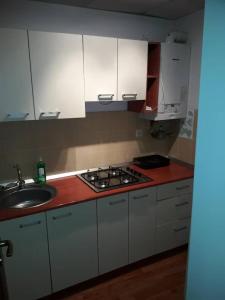 a kitchen with white cabinets and a stove and a sink at Casa da affittare in centro citta in Ploieşti