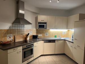 a kitchen with white cabinets and stainless steel appliances at Aparthaus Camping Stubai in Neustift im Stubaital