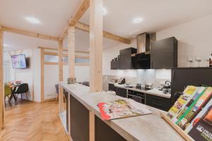 a kitchen with a counter top in a room at Harzlodge Emma in Braunlage