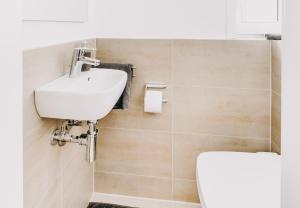 a bathroom with a white sink and a toilet at Villa Luna Braunlage in Braunlage