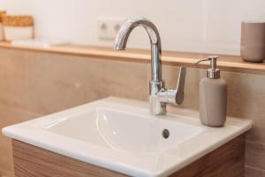 a bathroom sink with a soap dispenser on it at Hyggeglück Braunlage in Braunlage