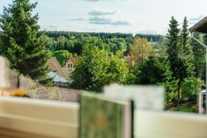 a view from a window of a town with trees at Hyggeglück Braunlage in Braunlage
