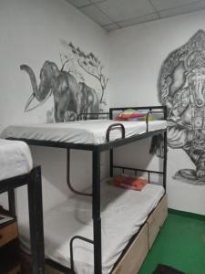 a room with two bunk beds and a mural of an elephant at Hostel Taru surf camp and restaurant in Unawatuna