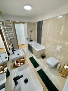 ブダペストにあるBRAND NEW LOFT LUXURY PENTHOUSE WITH JACUZZI #Centropolitanのバスルーム(洗面台、トイレ、バスタブ付)