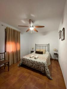 um quarto com uma cama e uma ventoinha de tecto em La Casa del Abuelo Jose em Marmolejo