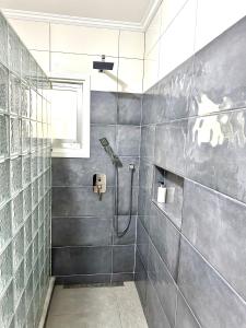 a bathroom with a shower with gray tiles at 88 Days Self Catering Holidays & Accomodation in Baie Lazare Mahé