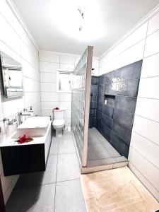 a bathroom with a shower and a sink and a toilet at 88 Days Self Catering Holidays & Accomodation in Baie Lazare Mahé