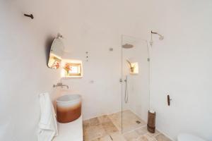 ein Bad mit einer Dusche und einem WC in der Unterkunft Trulli 18cinquantanove in Cisternino