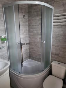 瓦特拉多梅的住宿－Pensiunea Lăcrămioara，带淋浴、卫生间和盥洗盆的浴室