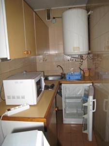 uma cozinha com uma pia e um micro-ondas em um balcão em Apartamentos Varios Nievesol Avda. Encamp em Pas de la Casa mais 63 fotografias