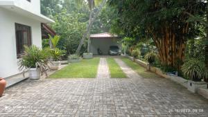 a brick driveway in front of a house with plants at Villa RnG in Dickwella