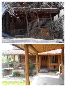 two pictures of a log cabin with a porch at "Бджілка" і " Садиба для відпочинку" in Lyuta