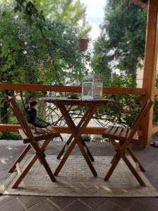 una mesa de picnic de madera con un gato sentado en un columpio en Málnafröccs Vendégház Nagymaros en Nagymaros