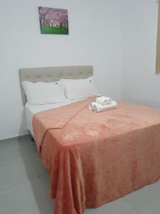 1 dormitorio con 1 cama con 2 toallas en APARTAMENTO EM PEROBA - MARAGOGI, en Maragogi